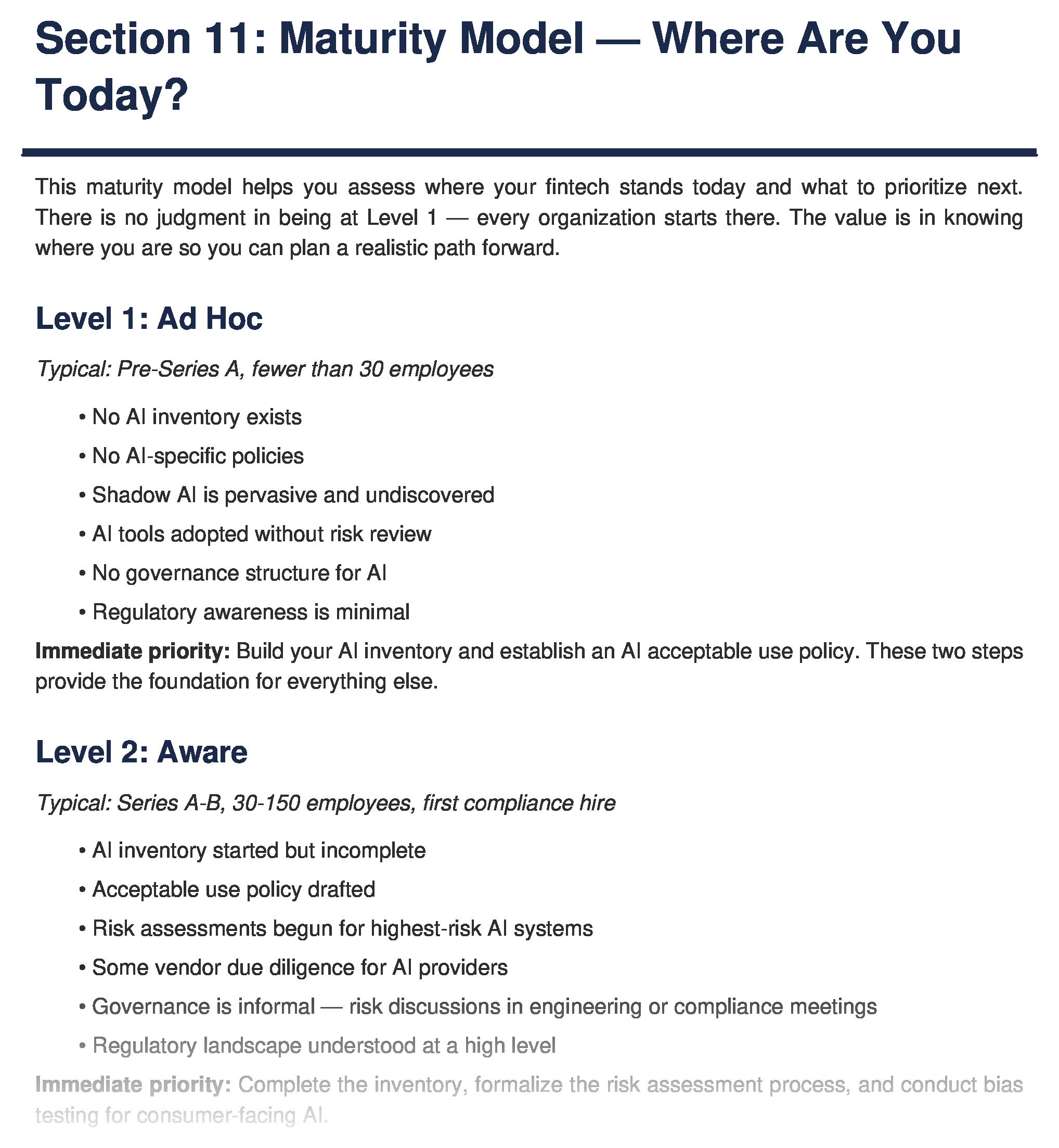 AI risk maturity model — 5 stages from ad-hoc to optimized, with specific criteria for each