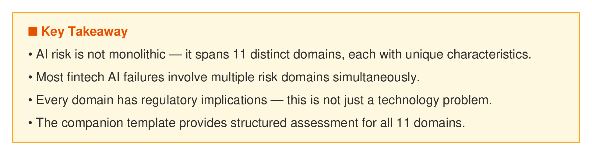 11 distinct AI risk domains — from model bias to third-party vendor risk to regulatory compliance