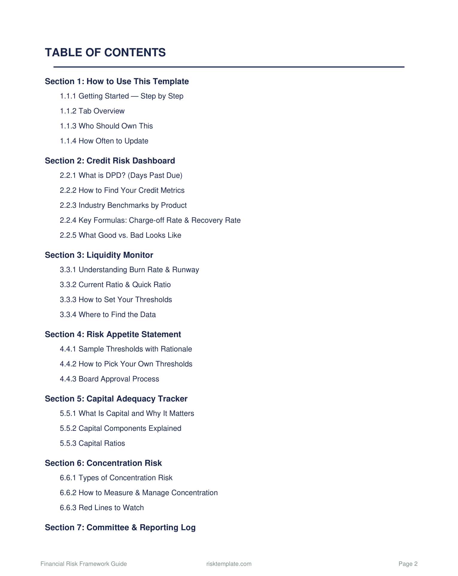 Table of contents showing 26-page financial risk management guide structure