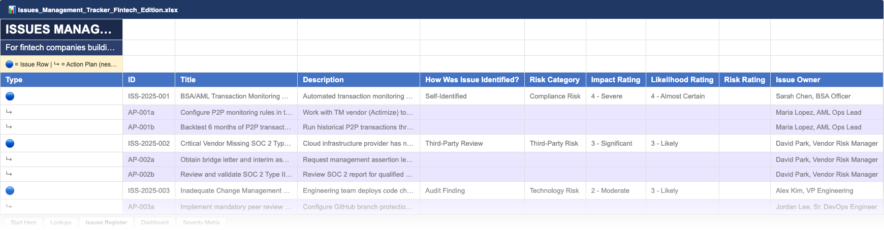 Excel template — Issues Register with severity ratings, owners, due dates, and remediation tracking