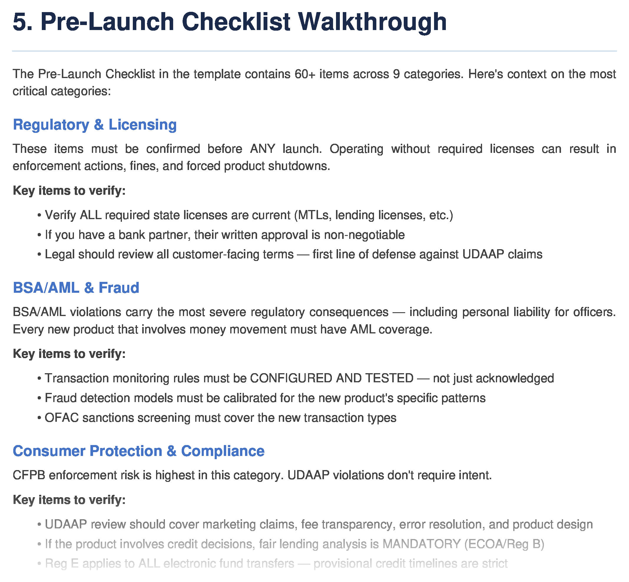 Pre-launch checklist sample — 60+ items across 9 categories before going live
