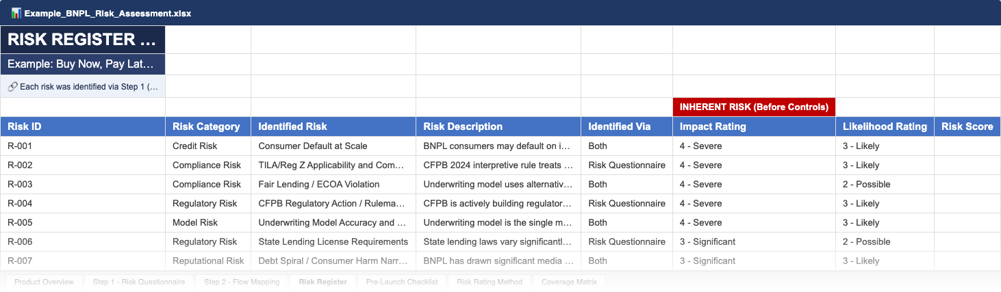 Excel template — Risk Register tab with inherent/residual scoring and control mapping