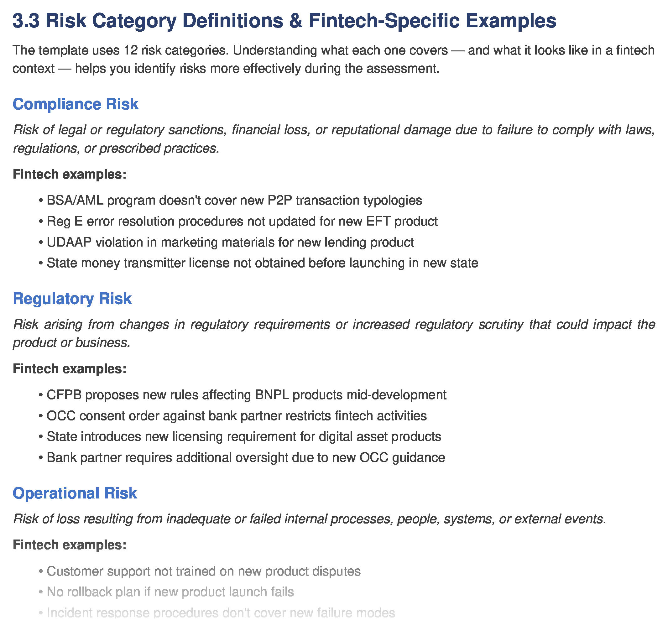 12 risk category definitions — from Credit Risk to Reputational Risk to Compliance Risk