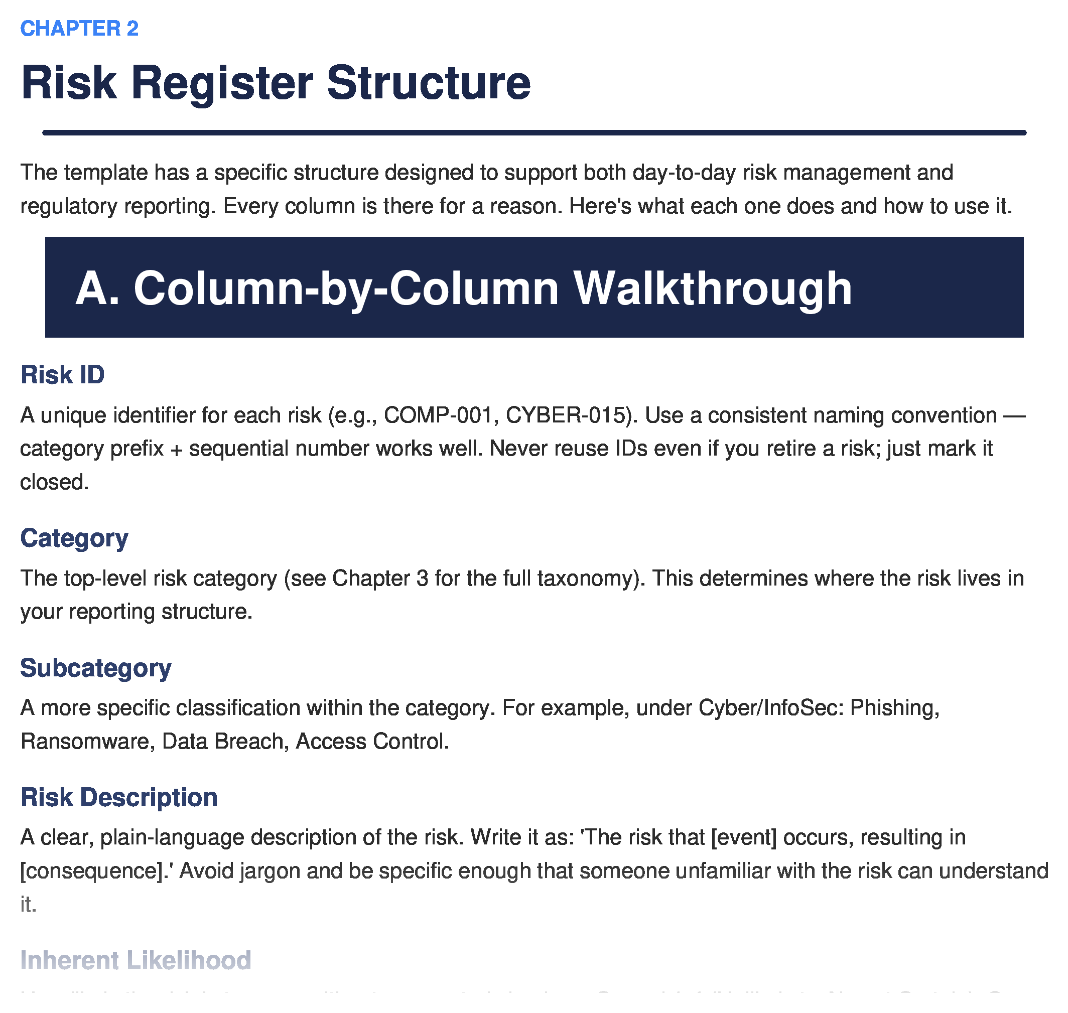 Risk register structure — 8 required fields per risk: category, description, inherent score, controls, residual score, owner, treatment, next review