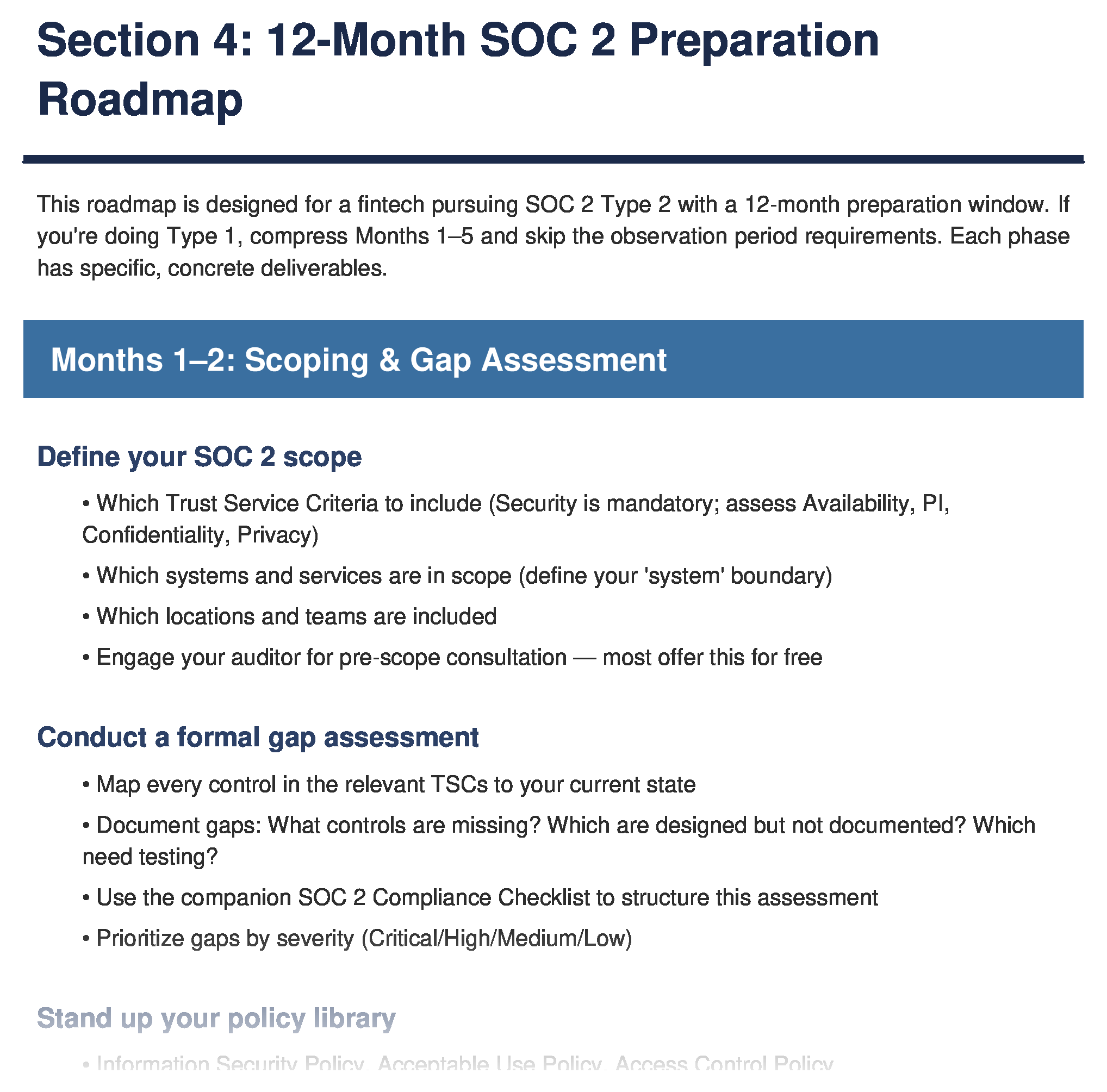 12-month SOC 2 preparation roadmap — Month-by-month phases from gap assessment through audit
