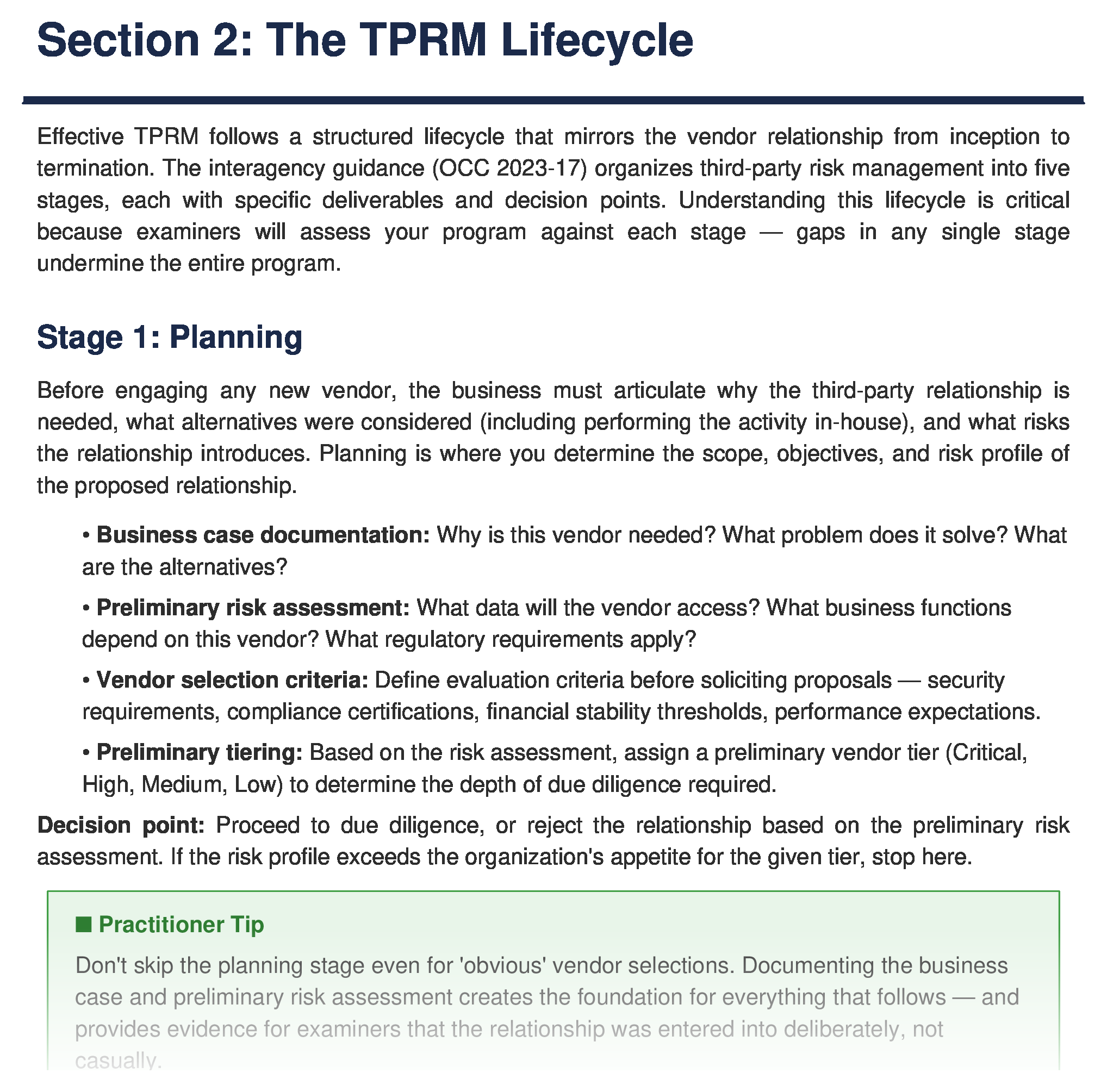 TPRM lifecycle — 6 stages from onboarding through offboarding, mapped to vendor risk tier