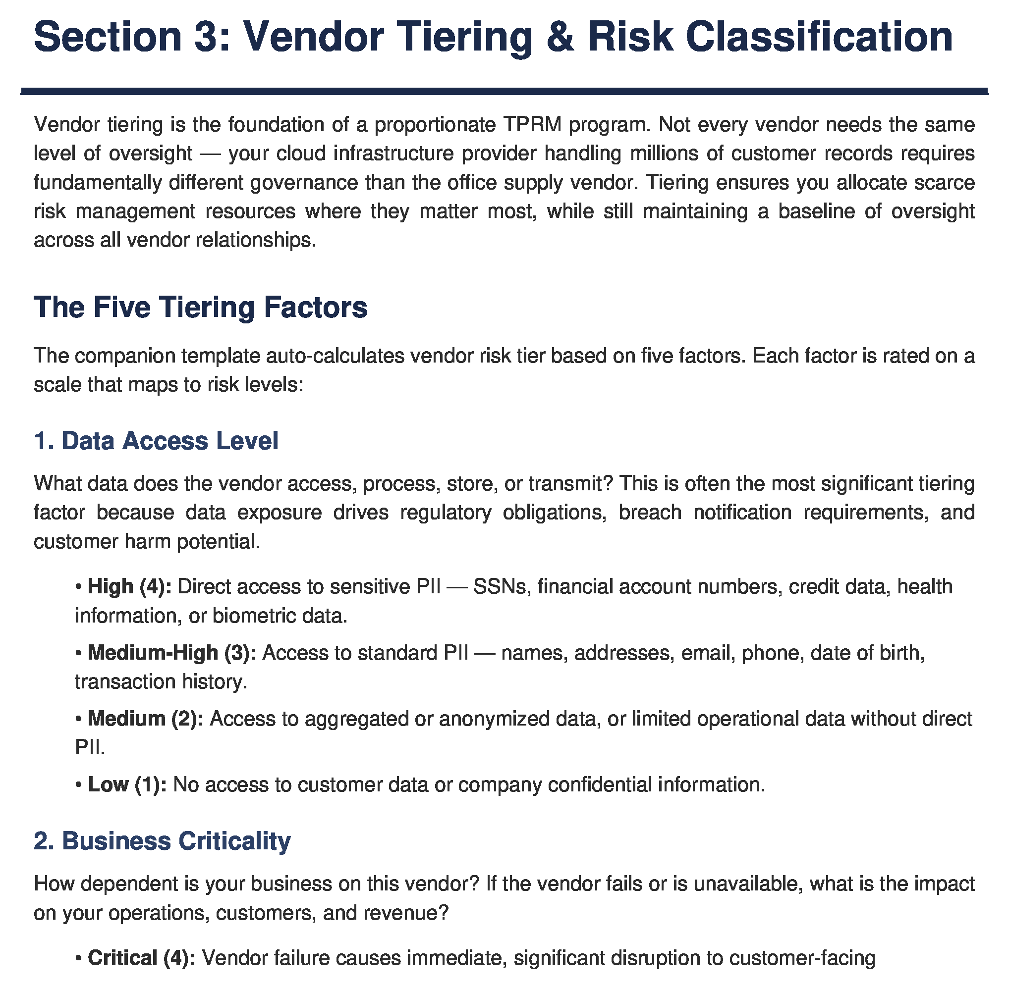 Vendor risk tiering framework — Critical, High, Medium-High, Medium, and Low tiers with criteria